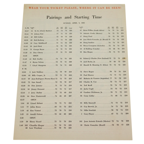 1962 Masters Tournament Sunday Pairing Sheet
