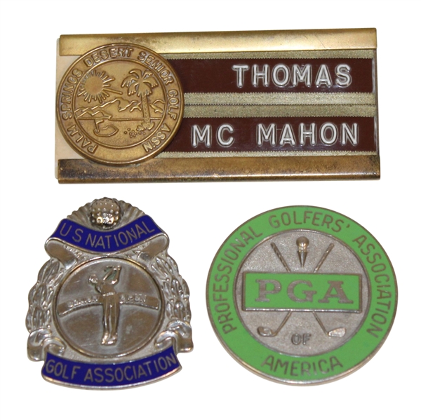 Three Badges - PGA, US National Golf Assoc., & Palm Springs Senior Golf Assoc.- McMahon Collection