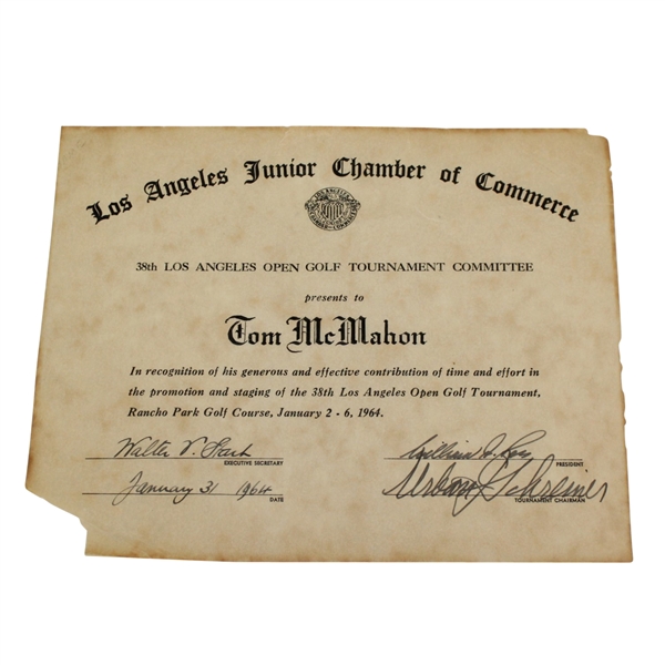 1964 Los Angeles Open Tournament Committee Certificate to Tom McMahon - McMahon Collection
