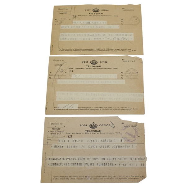 Three Congratulatory Telegrams to Henry Cotton for Shooting 65 in 1953 Dunlop 2nd Rd