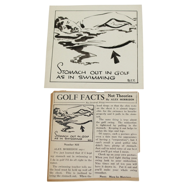 Circa 1945 Original Ink & Pen Drawing with Newspaper 'Golf Facts Not Theories' Used In - Alex Morrison