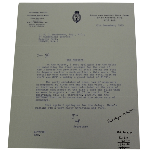 1975 Letter on R&A Stationery Signed by R&A Secretary Keith MacKenzie - Masters Content