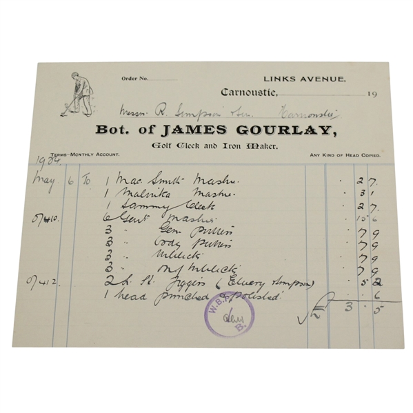 1924 Original Vintage Invoice from James Gourlay (Carnoustie) to R. Simpson & Sons (Carnoustie)