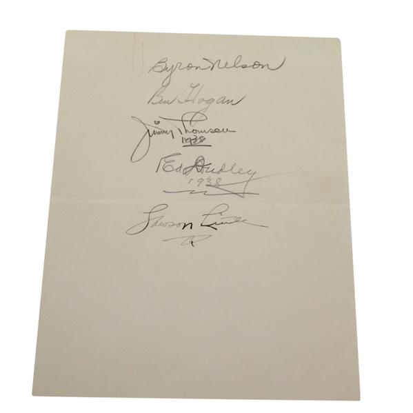 1938 Autograph Page Signed by Nelson, Hogan, Little, Thomson, and Dudley JSA ALOA