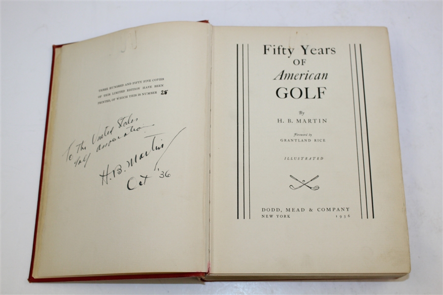 1936 'Fifty Years of American Golf' Ltd Ed Book Signed by Author H. B. Martin to USGA 25/355 - Robert Sommers Collection