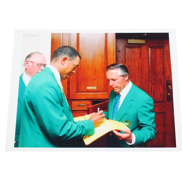 Tiger Woods Signing Masters Flag for Gary Player - Unique Photo