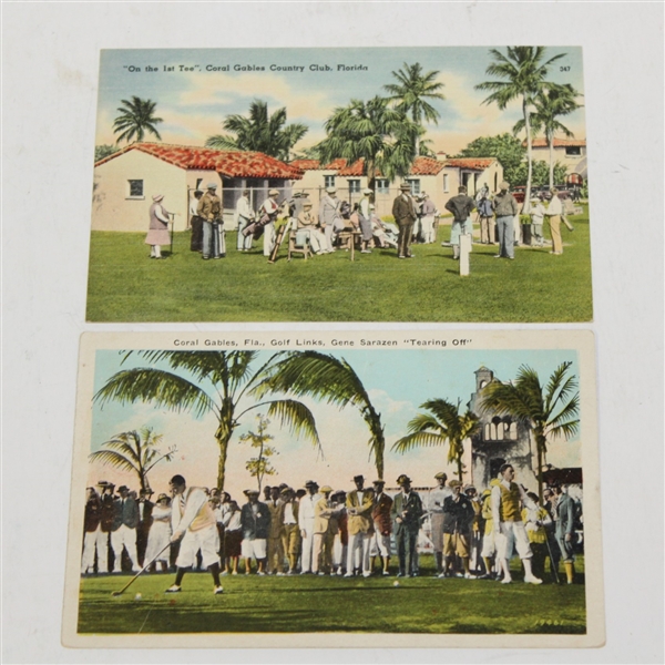 Two Vintage Coral Gables Golf Links Postcards - Sarazen Tearing Off & On the 1st Tee