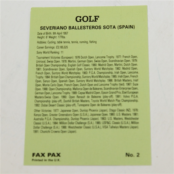 Seve Ballesteros Signed Fax Pax Golf Card No. 2 JSA ALOA
