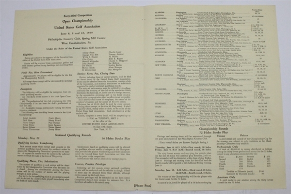 1939 US Open Championship at Philadelphia CC Contestant Entry Form - Blank