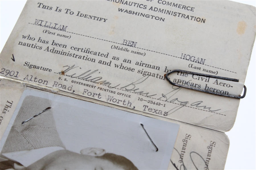 Ben Hogan Personal Airman Identification Card - Full Name Signature, Photo/Fingerprints JSA ALOA