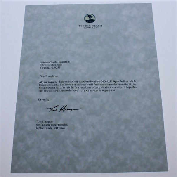 Jack Nicklaus Signed 2000 US Open at Pebble Beach Scorecard with Piece of Fence (letter) JSA ALOA