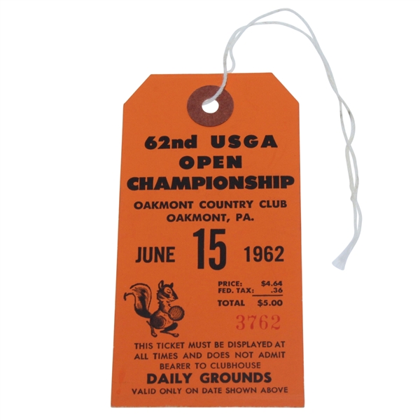 1962 US Open at Oakmont CC Ticket #3762 - Nicklaus First Win & Major