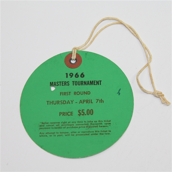 1966 Masters Tournament Thursday Ticket #3199-Jack Nicklaus' 3rd Masters Win!