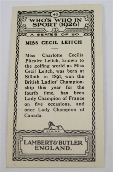 1926 Miss Cecil Leitch Lambert & Butler Rookie Golf Card #40 - England