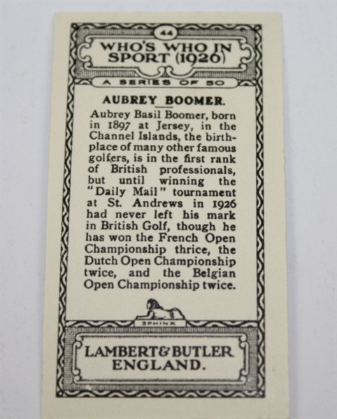 1926 Aubrey Boomer Lambert & Butler Rookie Golf Card #44 - England