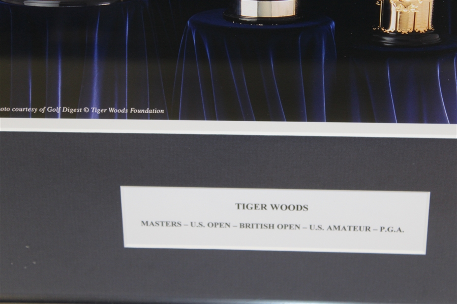Tiger Woods Framed Giclee with Grand Slam Trophies & Amateur Trophy - Framed