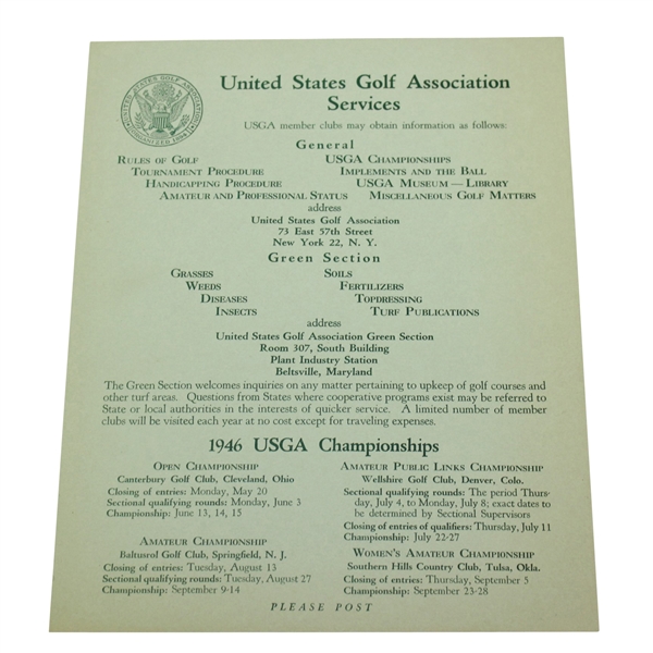 1946 USGA The Green Section Services Letter - Seldom Seen
