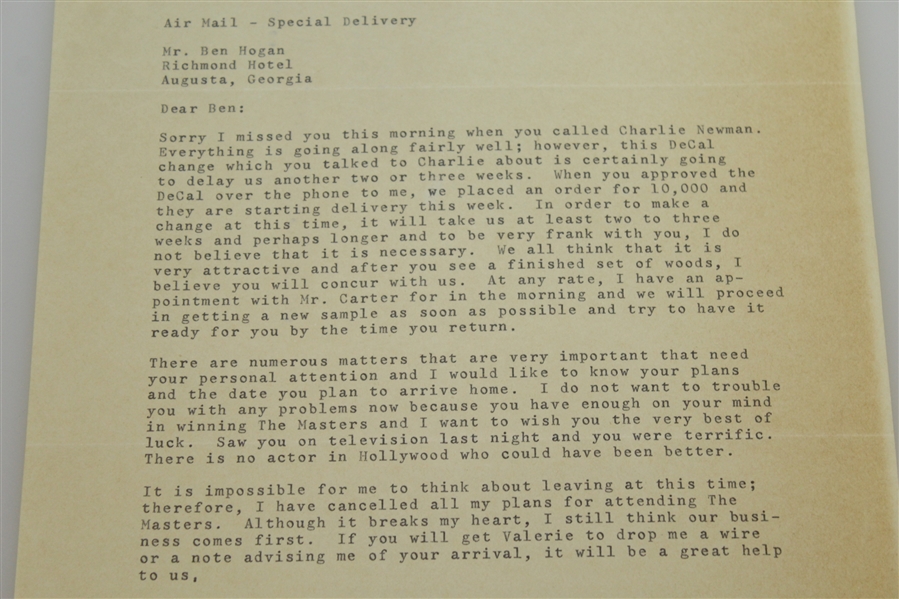 A. Pollard Simons Letter to Ben Hogan - Ben Hogan Club Decals and The Masters