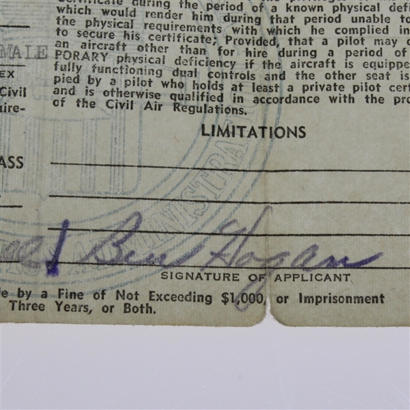 Ben Hogan Signed US Department of Commerce Airman Certificate March 22, 1943 JSA ALOA