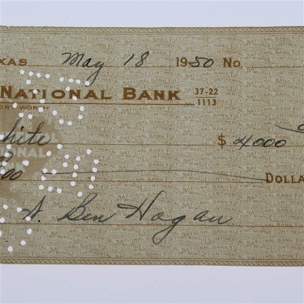 Ben Hogan Signed 1950 Continental National Bank VINTAGE Check JSA ALOA