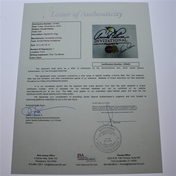 Arnold Palmer Signed Undated Arnold Palmer Invitational Embroidered Flag JSA #Z05403