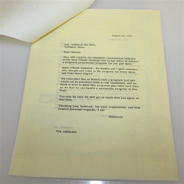 1957 Letter to Ben Hogan from Claude Hastings Regarding Acushnet Golf Ball Trailer and Photos