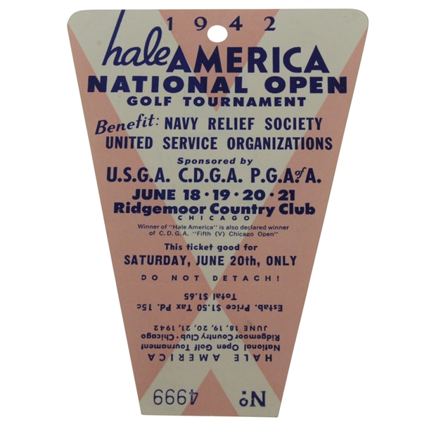 1942 Hale America National Open Golf Tournament Saturday Ticket - Hogan's First Major Win? - RARE