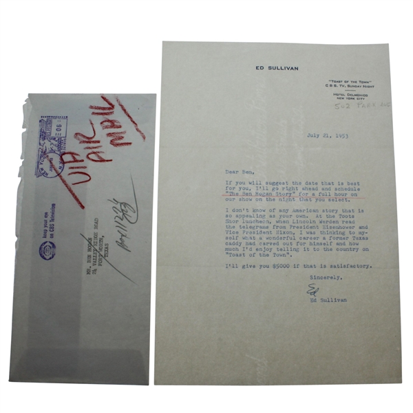 Ed Sullivan Signed Letter to Ben Hogan - Offering $5K For Appearance 'The Ben Hogan Story' JSA ALOA