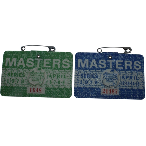 1978 & 1979 Masters Series Badges #1648 & #21497 - Player & Zoeller Wins