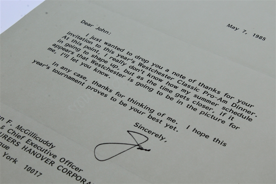 Jack Nicklaus Signed May 7, 1985 Letter to John on Letterhead - Signed 'Jack' JSA ALOA