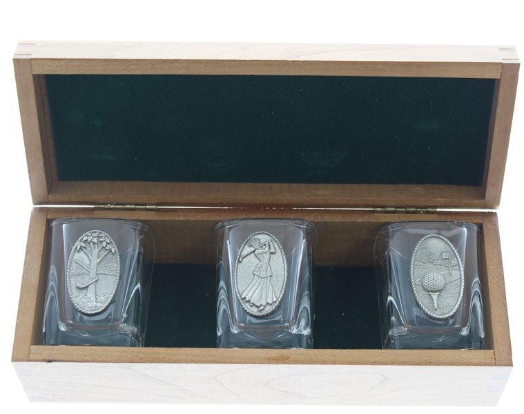 Three Pewter Emblem Glass Golf Shot Glasses in Original Wood Box