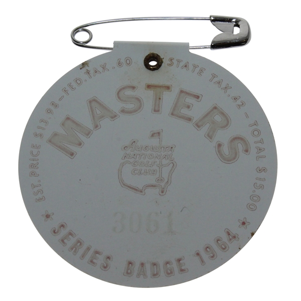 1964 Masters Tournament Badge #3061 - Arnold Palmer Winner