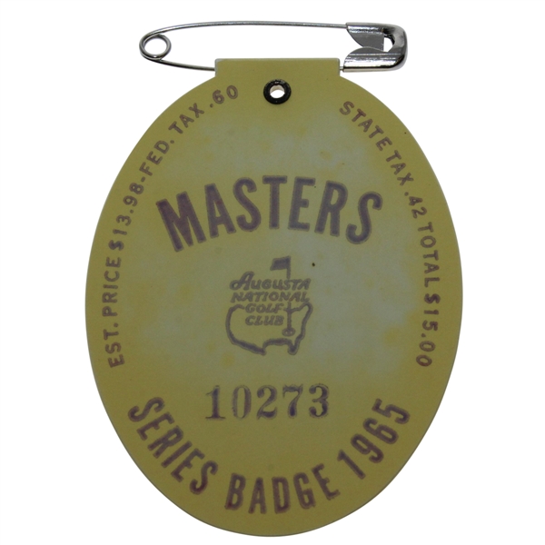 1965 Masters Tournament Badge #10273 - Jack Nicklaus Winner