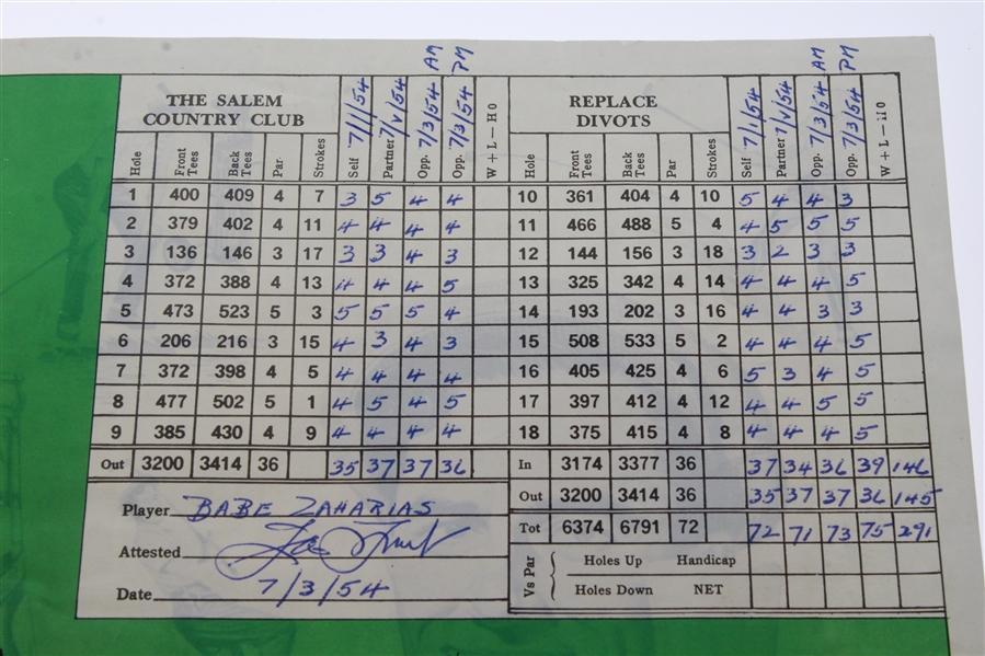 Babe Zaharias' 1954 Women's US Open at Salem CC Scoresheet - Attested
