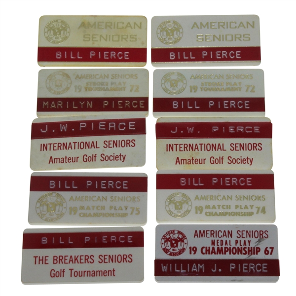 Lot of Ten 1970's Senior Amateur Red Nameplate Badges - Bill Pierce