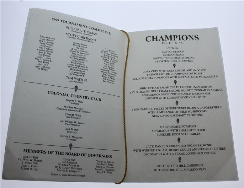 1999 Mastercard Colonial Champions Dinner Program/Menu