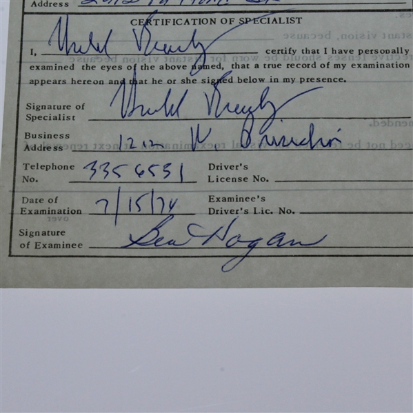 Ben Hogan's Personal Signed 1976 Driver's License Eye Exam Form JSA ALOA