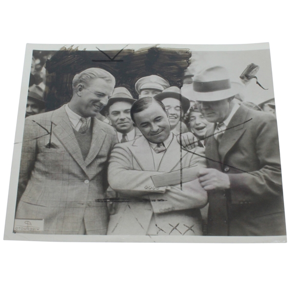 1935 A.P. Wire Photo of Craig Wood, Gene Sarazen, & Grantland Rice at Masters Tournament
