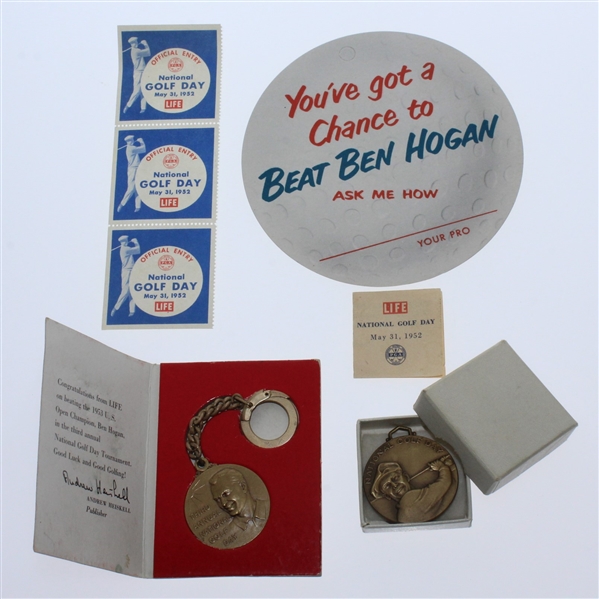 1952 & 1954 Ben Hogan National Golf Day Lot - Two Medals, Box w/Brochure, Ticket, & Entry Stamps