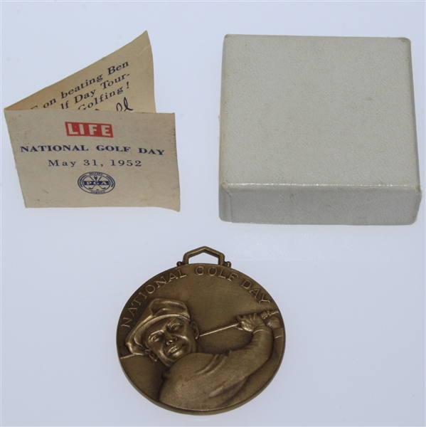 1952 & 1954 Ben Hogan National Golf Day Lot - Two Medals, Box w/Brochure, Ticket, & Entry Stamps