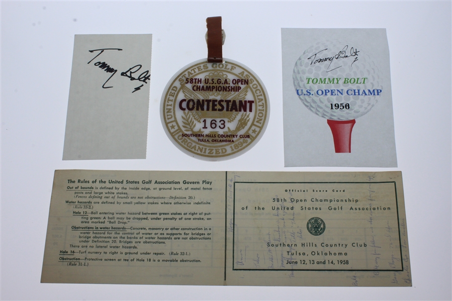 1958 US Open Program, Contestant Bag Tag, Photo, Clippings, Scorecard, & Tommy Bolt Autos JSA ALOA