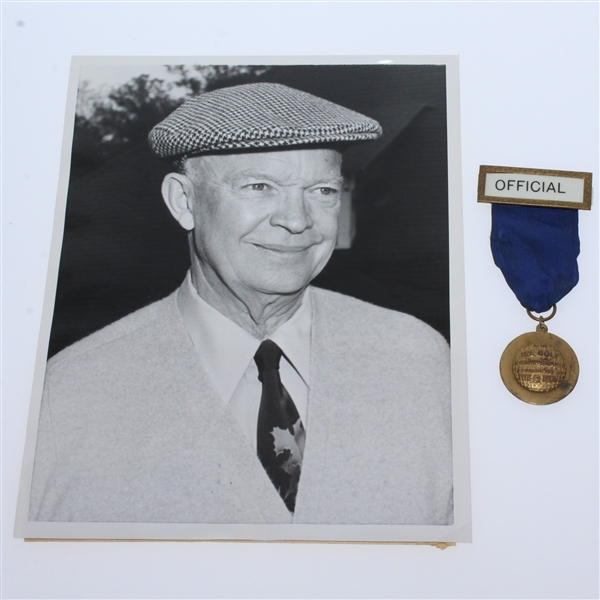 President Eisenhower Lot: 1956 Wire Photo & Official Badge w/ Ribbon of “The Ike Golf Championship”
