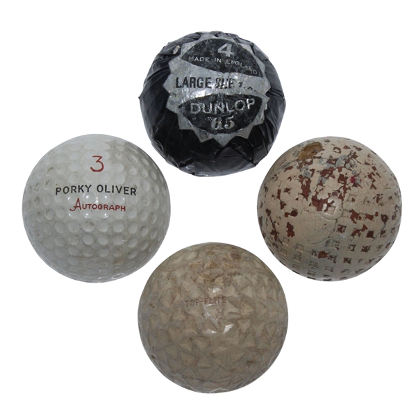 Four Classic Golf Balls - Porky Oliver, Top-Flite, Unamarked Mesh, & Dunlop 65 in Cover