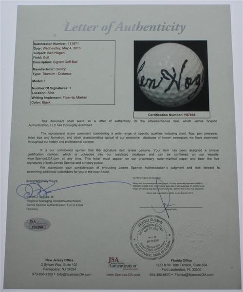 Ben Hogan Signed Dunlop Titanium Golf Ball JSA #Y87898