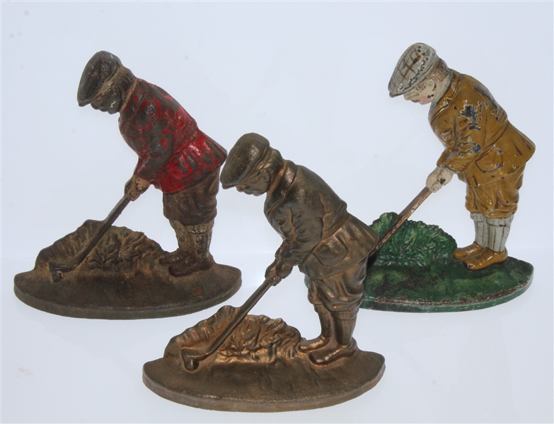 Three Vintage Cast Iron Golfer Themed Doorstops - Red, Yellow, and Brass - Roth Collection