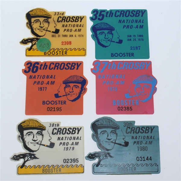 Six Bing Crosby National Pro-Am Booster Badges 1974, 1976-1980 - Roth Collection