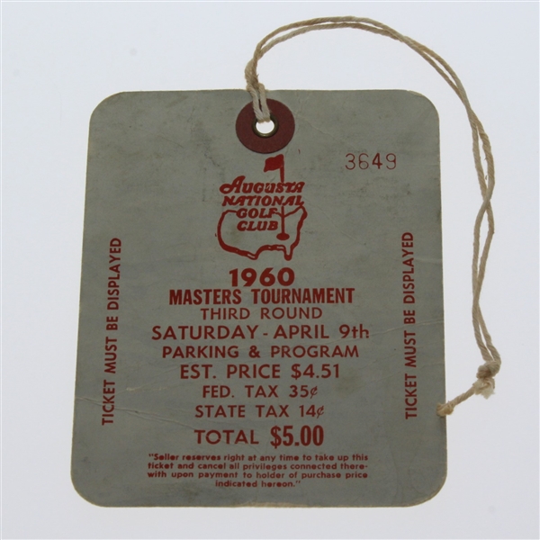 1960 Masters Tournament Saturday Ticket #3649 - Arnold Palmer's 2nd Masters Win