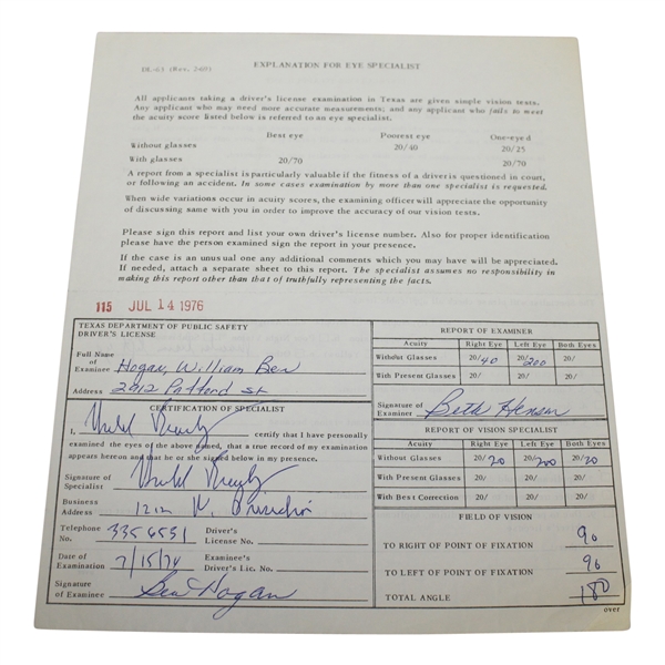 Ben Hogan's Personal Signed 1976 Driver's License Eye Exam Form JSA ALOA