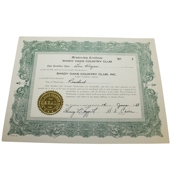 Ben Hogan Shady Oaks  Country Club 1968 Membership Certificate 
