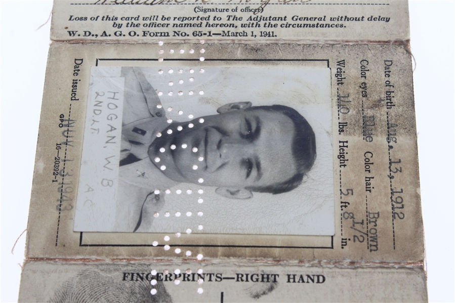 Ben Hogan's War Department Officers ID Card - Full Name Signature, Photo, & Fingerprints JSA ALOA